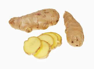 Wall Mural - Ginger root and slices of ginger root, isolated on white background