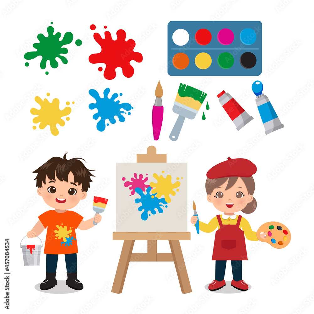 Cute little painter boy and girl clipart set. Flat vector cartoon ...