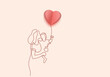 Continuous one line drawing of young mother hold her baby with pink air balloons shaped as heart. Happy Mother day card. Family parenthood concept. Character mom with a kid.