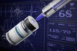 Medical syringe and vaccine bottle. Vaccine illustration. Bottle and syringe with needle. There is ecg chart, and virus cell on the background.	