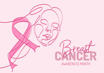 Continuous one line art background of National Breast Cancer Awareness month with pink ribbon and abstract woman face isolated on pink background.