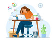 Tired office worker.Professional burnout syndrome.Unhappy woman sitting at workplace with paper document piles vector illustration. Deadline concept.Overworked woman with laptop holding hand on head