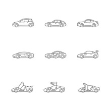 Sports Car Models Linear Icons Set. Non-standard Door Designs. High-speed Driving Experience. Customizable Thin Line Contour Symbols. Isolated Vector Outline Illustrations. Editable Stroke