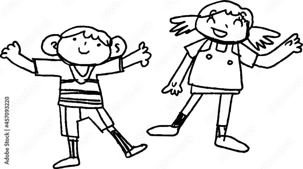 モノクロの子供が描いた子供の男女のかわいい落書き カップル 小学生 幼稚園児 Wall Mural Yuki Murata