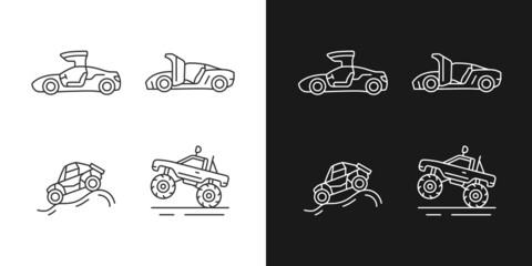 Sticker - Driving specially-modified vehicles linear icons set for dark and light mode. Hinge mechanism. Off road racing. Customizable thin line symbols. Isolated vector outline illustrations. Editable stroke