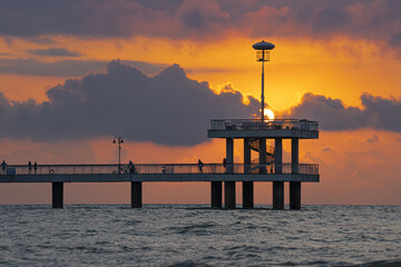 Canvas Print - Scenic view of Burgas Bridge next to sea garden with sunset background in Burgas, Bulgaria