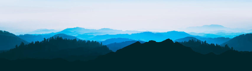 Wall Mural - Blue landscape background banner panorama illustration painting -.Breathtaking view with black silhouette of mountains, hills and forest.