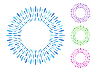 Drops, long droplets round text frames. Circle, ring shape backgrounds set, collection. Radial abstract decoration made of splashes, firework sparks, splatter. Blue, purple, pink, green colors. 