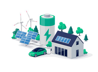home virtual battery energy storage with house photovoltaic solar panels plant, wind and rechargeabl