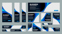Black And Blue Banner Design Web Template Set, Horizontal Header Web Banner. Modern Gradient Blue Cover Header Background For Website Design, Social Media Cover Ads Banner, Flyer, Invitation Card