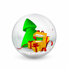 Wall Mural - Festive Christmas background. Gift boxes, xmas tree and confetti inside shiny glitter glowing Christmas balls. Vector illustration