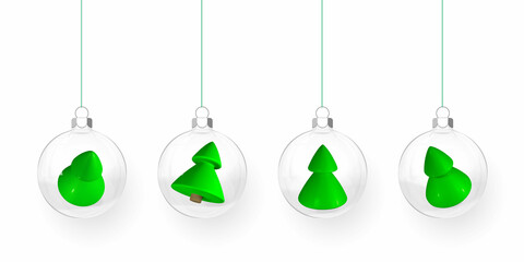 Wall Mural - Transparent Christmas balls with gift boxes and xmas trees inside. Xmas glass ball. Holiday decoration template. Vector illustration