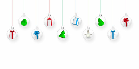 Wall Mural - Transparent Christmas balls with gift boxes and xmas trees inside. Xmas glass ball. Holiday decoration template. Vector illustration