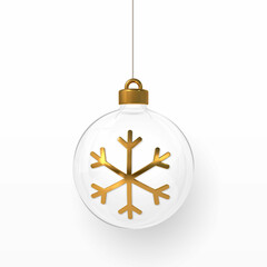 Wall Mural - Shiny glitter glowing Christmas balls with gold snowflake. Xmas glass ball. Holiday decoration template. Vector illustration