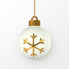 Wall Mural - Shiny glitter glowing Christmas balls with gold snowflake. Xmas glass ball. Holiday decoration template. Vector illustration
