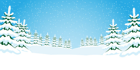 Sticker - Winter illustration with snowy trees on blue background.