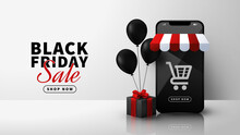 Black Friday online shopping with smartphone, ballons  and black gift box