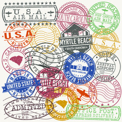  Myrtle Beach, SC, USA Set of Stamps. Travel Stamp. Made In Product. Design Seals Old Style Insignia.