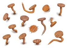 Cartoon Isolated Rusty Bent Nails And Hobnails, Vector Icons. Nails Bent By Hammer With Iron Heads, Old Pins Or Spikes With Rust, Crooked Or Broken And Curved With Sharp Edges