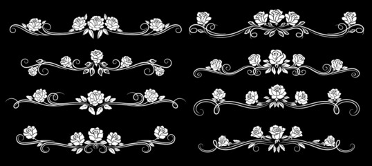 Poster - White rose flower vintage borders, dividers and floral swirls, vector pattern frames. Floral line ornaments, flourish ornate borders and embellishment dividers for wedding or menu card