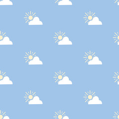 Baby blue sun and clouds pattern repeat weather print background design. Seamless vector illustration. Great for kids and fun projects. Surface pattern design.