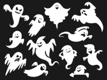 Halloween Cartoon Spooky And Scary Ghosts, Spirit And Ghoul Monsters, Vector White Silhouettes. Halloween Holiday Funny Cute Boo Ghosts Or Poltergeist With Grin Or Smiling And Frightening Faces