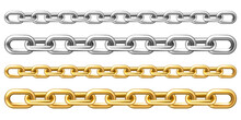 Realistic Golden And Silver Chains Isolated On White Background. Metal Chain With Shiny Gold Plated Links. Vector Illustration.