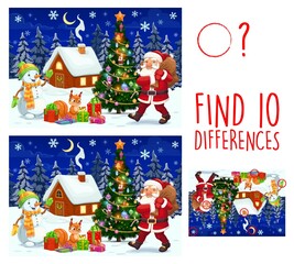 Aufkleber - Kids game find ten differences. Vector cartoon Christmas characters Santa Claus, snowman and squirrel on snowy landscape with decorated fir tree and house. Educational children riddle leisure activity