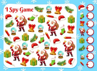Aufkleber - Christmas game of I spy, find and count puzzle vector template. Children education activity worksheet or logic riddle with Santa cartoon character, Xmas gift box, stocking and red hat, bell, snowflake
