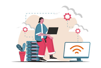 Leinwandbilder - Cloud computing concept isolated. Wireless cloud technology, storage, connection. People scene in flat cartoon design. Vector illustration for blogging, website, mobile app, promotional materials.