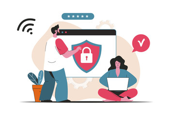 Fototapete - Cyber security concept isolated. Password protection personal data, identification. People scene in flat cartoon design. Vector illustration for blogging, website, mobile app, promotional materials.