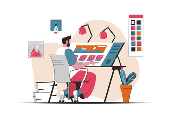 Design studio concept isolated. Development of graphics, pictures, brand logo. People scene in flat cartoon design. Vector illustration for blogging, website, mobile app, promotional materials.