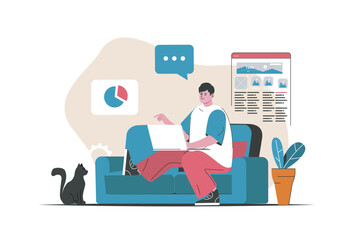 Aufkleber - Freelance working concept isolated. Remote employee in project at home office. People scene in flat cartoon design. Vector illustration for blogging, website, mobile app, promotional materials.