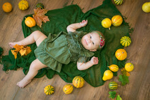 Cute Little Girl Up To 1 Year Old In A Green Cute Dress And A Floral Wreath With Small Yellow And Orange Pumpkins On A Brown Wooden Background 
