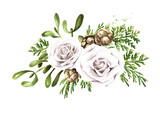 Fototapeta Kwiaty - Winter   wedding   bouquet.  Hand drawn watercolor illustration isolated on white background