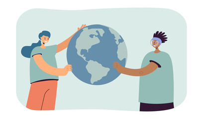 Sticker - Cartoon women holding Earth together. Caucasian and American girls with planet flat vector illustration. Global communication, environment concept for banner, website design or landing web page