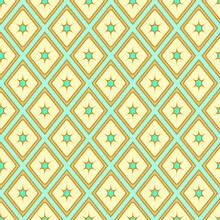 Abstract Geometric Seamless Pattern Of Gold Diamonds And Mint Green Stars. Ar Deco Style Colorful Design For Textile Or Paper