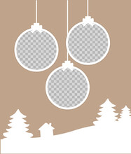 Christmas Round Photo Frames Composition. Vertical Template With 3 Photos With Christmas Balls, Trees And A House. Mockup On Beige Background. Vector Holiday Collage. EPS10.