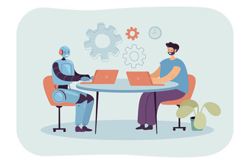 Aufkleber - cartoon man and robot sitting at laptops in workplace together. male character using ai as workforce