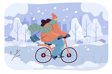 Sticker - Cartoon girl riding bicycle on snowy road in city. Female cyclist on bike outside in cold weather flat vector illustration. Winter, Christmas, sports concept for banner, website design or landing page