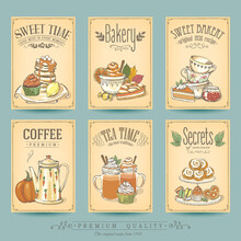Autumn Card Collection Pastries And Tea. Vintage Posters Of Bakery Sweet Shop Or Coffee House, Restaurant Menu, Invitation, Stickers. Freehand Drawing, Sketch