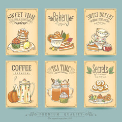 Wall Mural - Autumn card collection pastries and tea. Vintage posters of bakery sweet shop or coffee house, restaurant menu, invitation, stickers. Freehand drawing, sketch