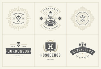 Restaurant logos templates set vector illustration good for menu labels and cafe badges