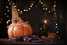 Halloween Pumpkins On Old Wooden Table On Background Halloween Decorations