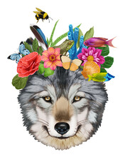Portrait Of Wolf With A Floral Crown.  Flora And Fauna. Hand-drawn Illustration, Digitally Colored.