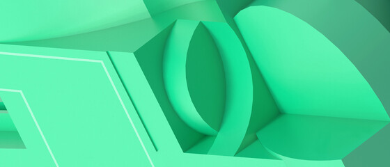 Aufkleber - Abstract Geometric shapes futuristic Digital Background. Complexity of ideas on different shapes on Green. banner, Copy Space -3d Rendering