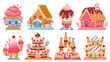 Cartoon fantasy candy houses and fairy tale sweet castles. Dreamland cake buildings. Chocolate, gingerbread and ice cream house vector set