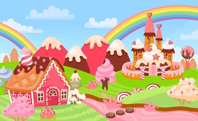 Wall Mural - Cartoon fantasy candy land landscape with sweet castle. Fairytale kingdom gingerbread houses, ice cream trees and milk river vector scene