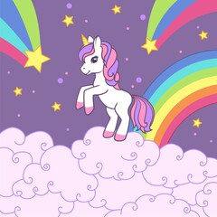 Wall Mural - A unicorn on a background of falling stars, clouds and a rainbow stands on a cloud. Colorful vector illustration for cards, books, t-shirts