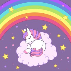 Wall Mural - The unicorn sleeping on the cloud against the background of the starry sky and rainbow. Colorful vector illustration for cards, books, t-shirts